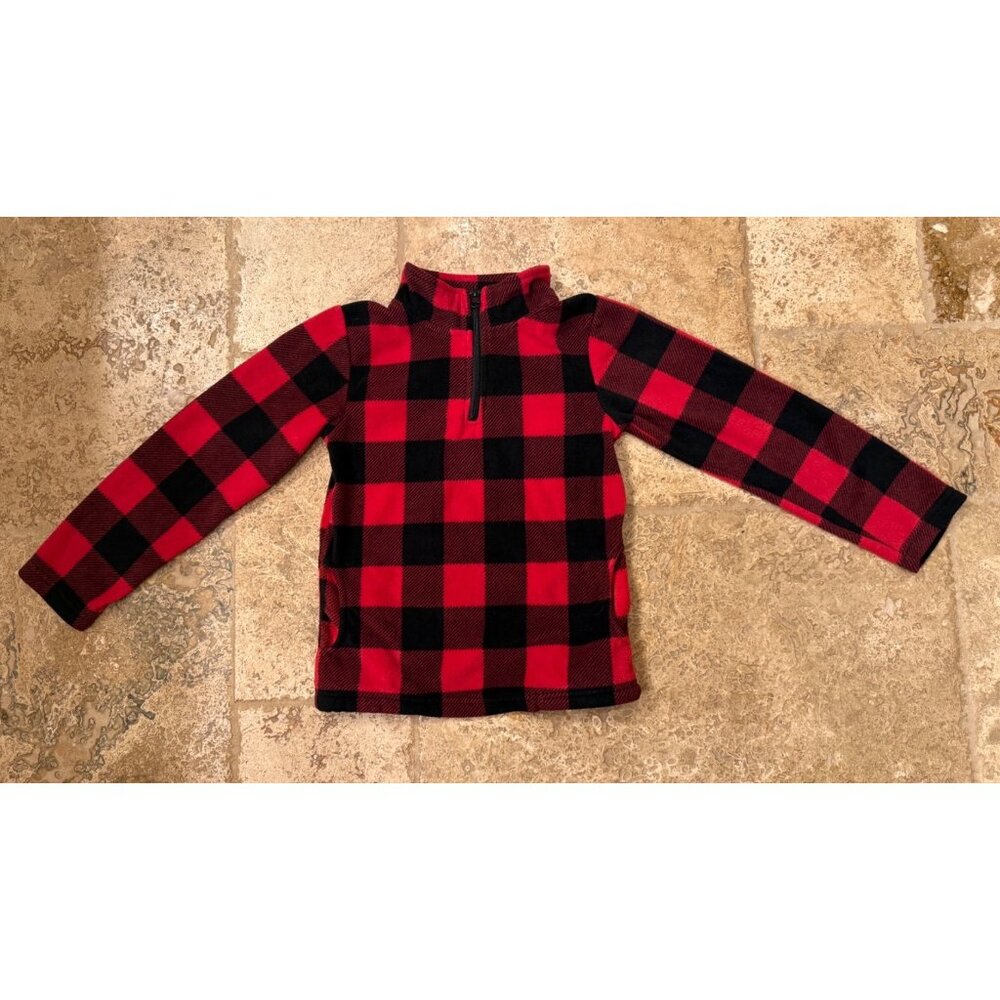 Plaid Red & Black Long Sleeve Kids Pullover Half-Zip Fleece Sweater